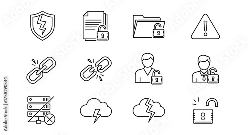Set of hand drawn cybersecurity and data security icons for digital protection and network safety vector