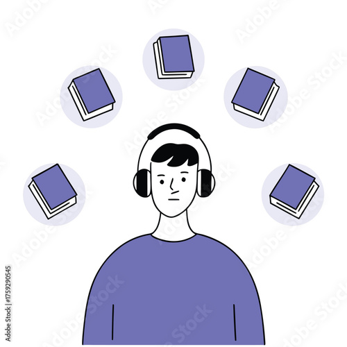 Man with headphones surrounded by floating books vector illustration for audiobook concept learning and education