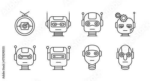 Collection of eight unique robot head icons in outline style for technology concepts vector