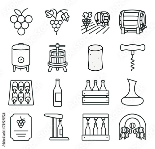 Wine making icons set: grapes, barrels, bottles, corkscrew, decanter, wine press symbols