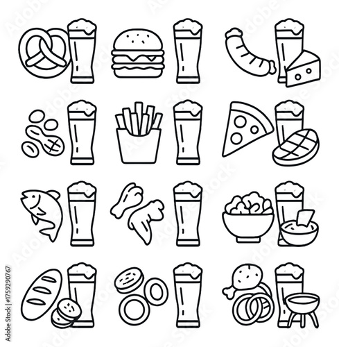 Beer and snack icons: pretzels, burgers, fries, pizza, cheese, fish, chicken, chips, onion rings