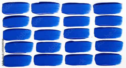 A Collection of Twenty Vivid Blue Brush Strokes Displayed in a Grid Pattern on a White Background Highlighting Texture and Color Variation