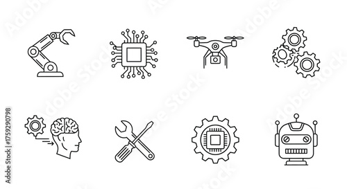 Futuristic technology icons set robotic arm ai chip drone gears brain and tools vector
