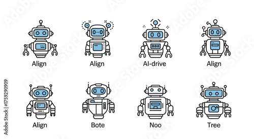 Collection of cute hand-drawn robot characters with different names and features vector
