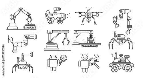 Collection of robotic arm and automated machinery industrial line art icons and symbols vector