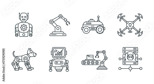 Modern technology icons featuring robots drones vehicles and futuristic innovations set vector