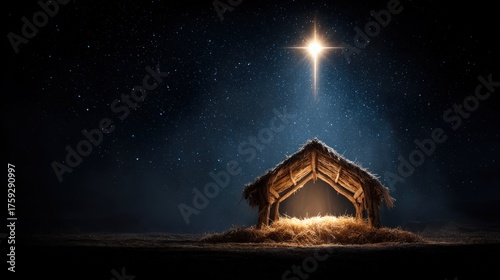 Christmas Eve: The manger under a luminous star, symbolizing the heart of the holiday, radiates warmth in the tranquil night.. Generative Ai
