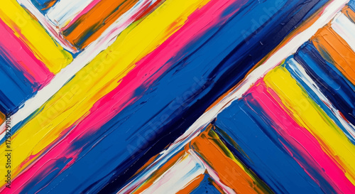 Abstract Expressionist Painting Featuring Bold Diagonal Strokes of Blue Pink Yellow and Orange Over a White Background Creating a Vibrant Dynamic Composition with Texture and Movement