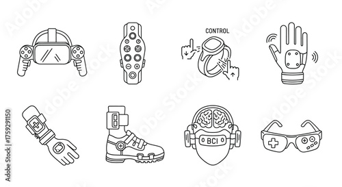 Detailed line art depicts various futuristic cyborg prosthetic limbs and accessories in white outline vector
