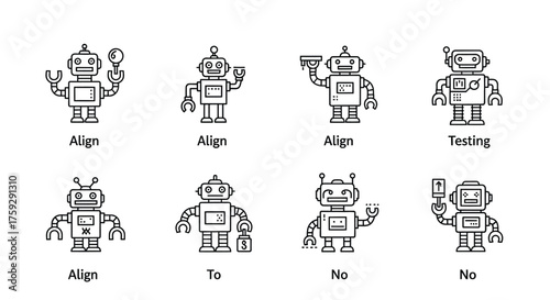 Cute cartoon robot characters set with different actions and expressions for kids and technology themes vector