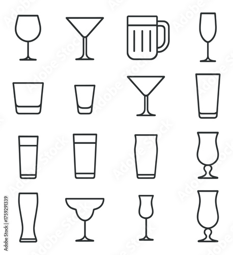 Outline icons of various drinking glasses on gray background