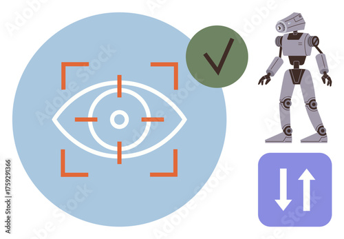 Eye scanner with target focus, robot figure, checkmark, and bidirectional arrows. Ideal for AI, machine learning, automation, robotics security data sharing technology. Simple flat metaphor