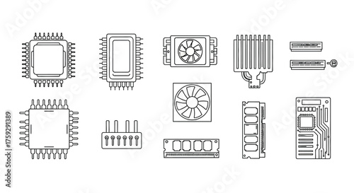 Collection of computer component schematics and diagrams technical drawings of electronic parts vector