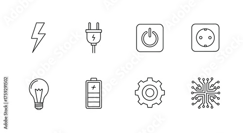 Set of hand-drawn electricity and power symbols including lightning bolt light bulb plug and outlet vector