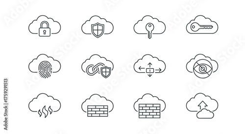 Set of cloud computing security icons featuring lock shield fingerprint and network symbols for data protection vector