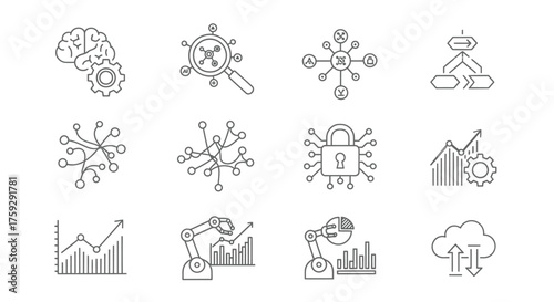 Hand drawn icons representing artificial intelligence and data analysis concepts vector