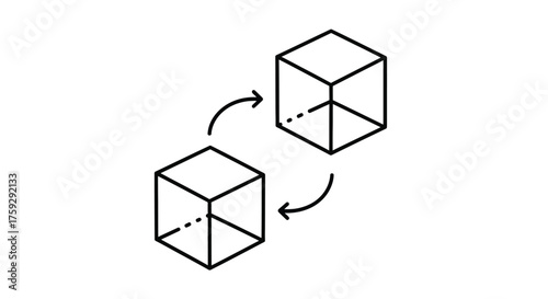 Geometric cubes interacting with circular arrows indicating flow and transformation vector