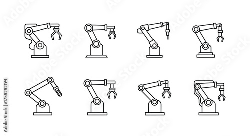 Industrial robotic arm icons set automation technology manufacturing machine industry factory assembly line precision vector