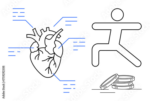 Anatomical heart connected to data lines, figure in exercise pose, stack of coins overlapping concepts. Ideal for health, fitness, medical, data, financial planning wellness education. Simple flat