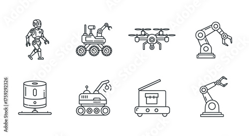 Collection of futuristic robots and advanced machines for technology and innovation concepts vector