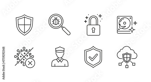 Cyber security and protection icons shield magnifying glass lock cloud and virus protection symbols vector
