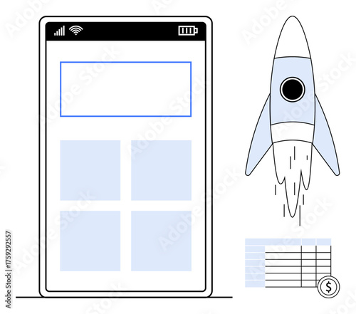 Smartphone interface with app layout, rocket launching, and financial table with dollar icon. Ideal for startups, technology, finance, innovation, entrepreneurship, growth and user experience
