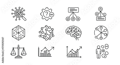 Set of hand-drawn abstract icons representing technology data analysis and business concepts vector