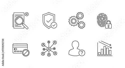 Collection of security and data management icons representing analysis protection networking and user access control vector