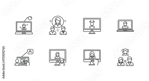 Set of hand drawn icons representing remote work and online communication vector