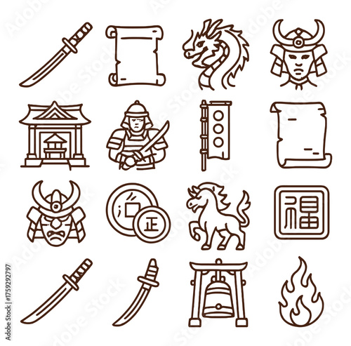 Set of samurai illustrations with swords, armor, and historical symbols