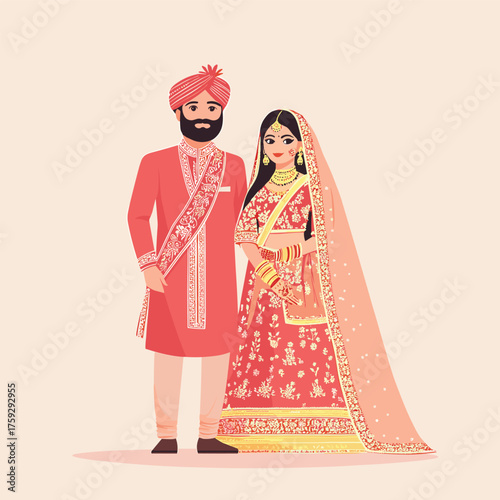 Flat Vector of Sikh Wedding Couple in Traditional Attire