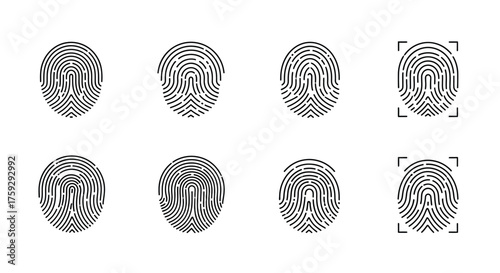 Collection of eight unique fingerprint patterns for identity and security applications vector