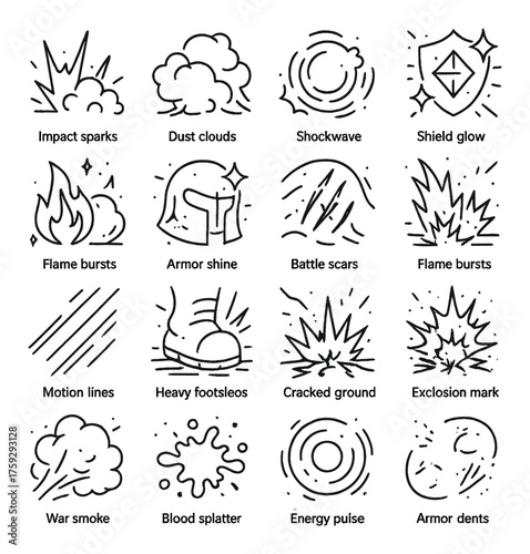 Cartoon battle effects symbols with sparks, clouds, flames, and energy pulses