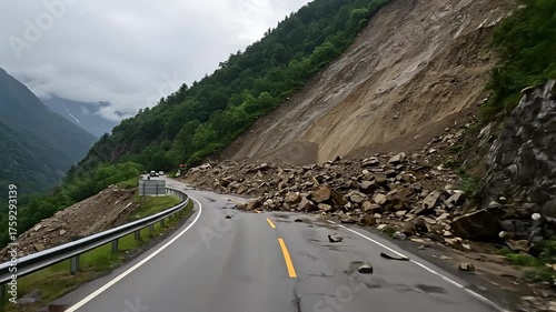 Road blocked by landslide natural disaster destruction of infrastructure