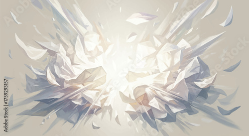 Abstract White Crystal Shards Exploding Outward Emanating Bright Light Against a Soft Golden Background
