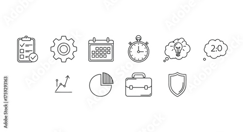 Hand drawn business icons representing planning tasks time management and finance strategy concepts vector