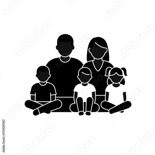 Large Multi-Ethnic Family of Five Black Glyph Icon representing Parents and Three Children.