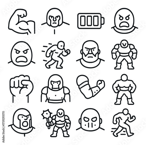 Strong icon set: arm, charging, running, fighting, angry expressions