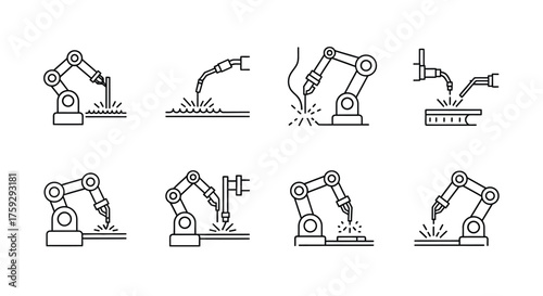 Set of industrial robotic arm icons performing various automated manufacturing tasks vector