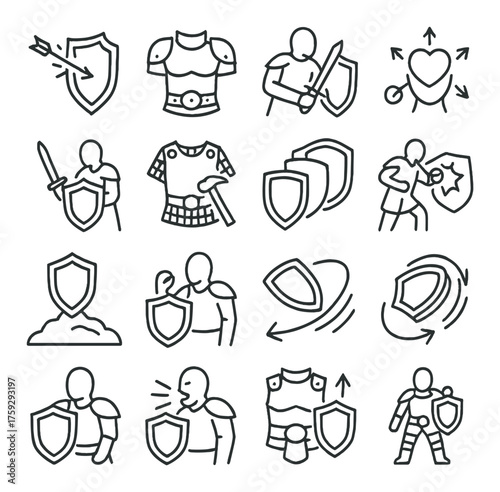 Armor and shield icons set depicting medieval weapons and protection gear