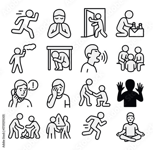 Black and white stick figure emergency and safety actions illustration