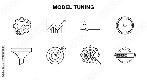Model tuning icons set featuring gear graph sliders timer funnel target magnifying glass and progress bar for machine learning and data science vector