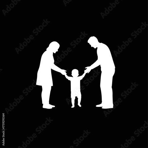 White silhouette illustration of parents supporting their baby taking first steps, symbolizing family support and early childhood development.