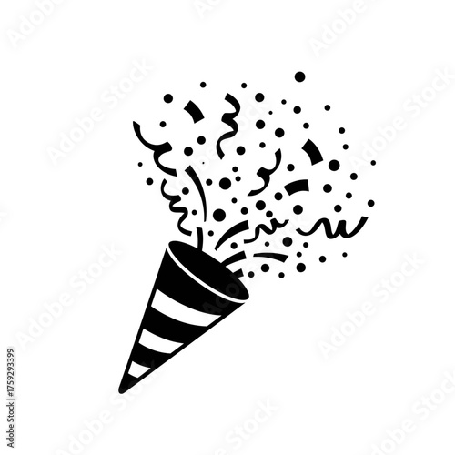 Black and white icon of an exploding party popper with confetti and streamers.