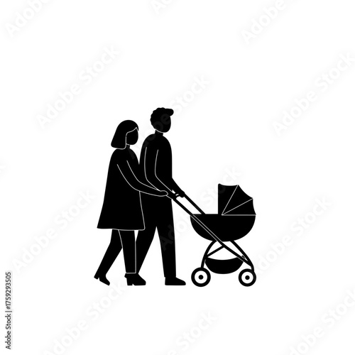 Parents walking with a baby stroller, black silhouette illustration of family life.
