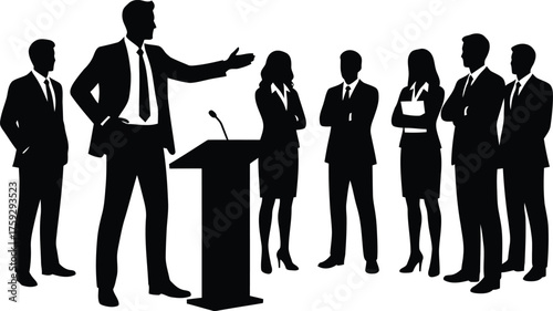 Silhouette of a speaker addressing a group of professionals at a podium