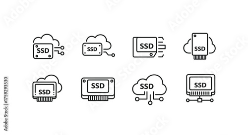 Digital storage icons featuring ssd and ram elements with cloud connectivity and server concepts vector