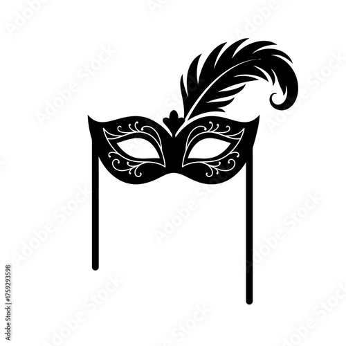 Black Masquerade Mask Silhouette with Elegant Feather Decoration and Stick Handle
