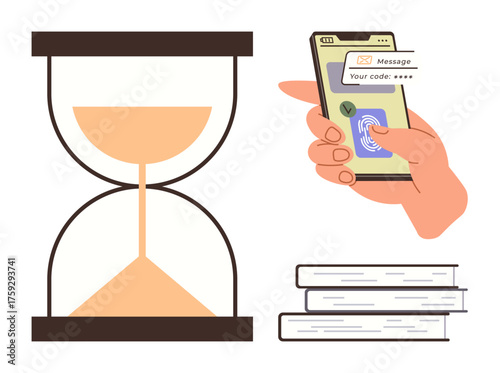 Hourglass for time, hand holding smartphone for technology with fingerprint, and stacked books for knowledge. Ideal for productivity, focus, education, digital security, organization, multitasking