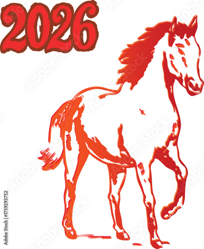The red silhouette of a beautiful horse on a white background. The symbol of the year 2026. Vector
